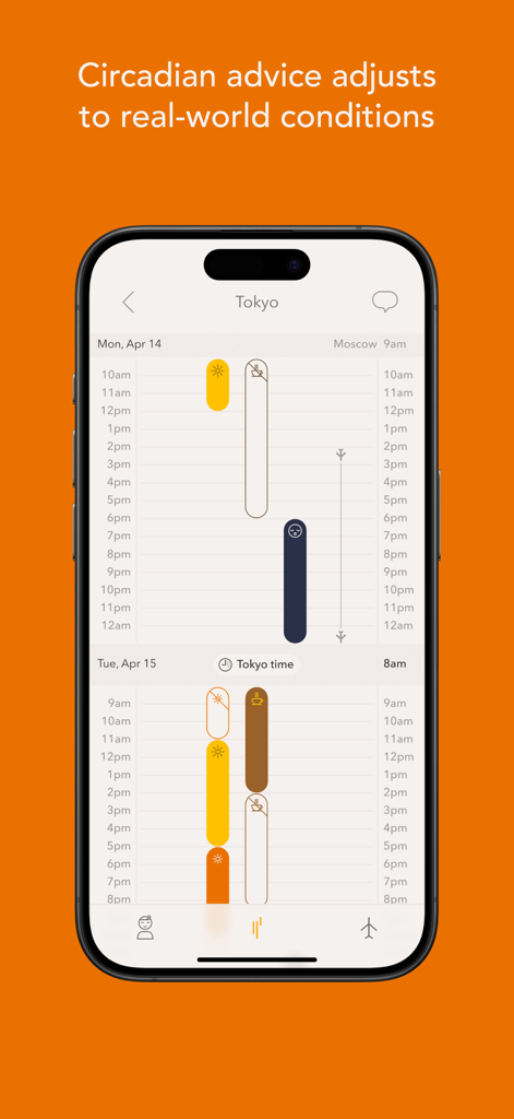 Timeshifter app interface showing a personalized circadian schedule for a trip to Tokyo with specific times for light exposure and caffeine consumption