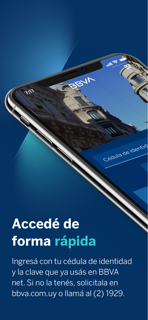 Pantalla de inicio de sesión de la aplicación de banca móvil de BBVA Uruguay mostrando mensaje de acceso rápido