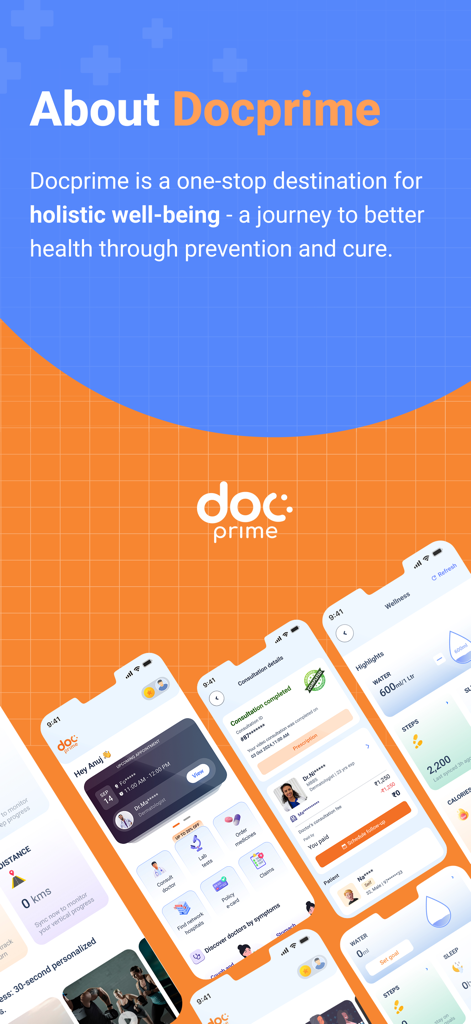 Docprime - Docprime app display with health tracking and consultation features for holistic wellbeing