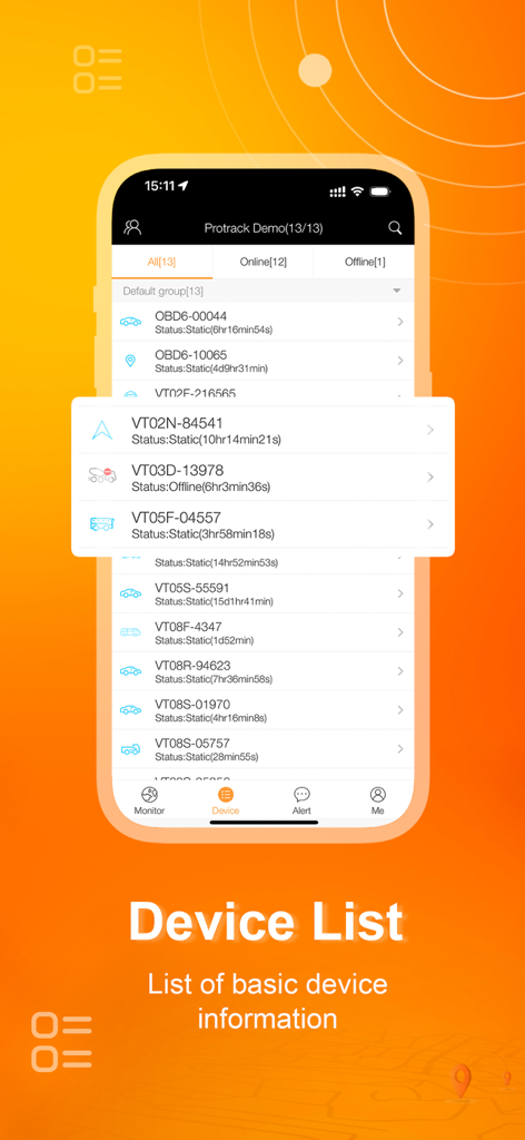 Protrack GPS mobile app screen showing a list of tracking devices with their current online or offline status