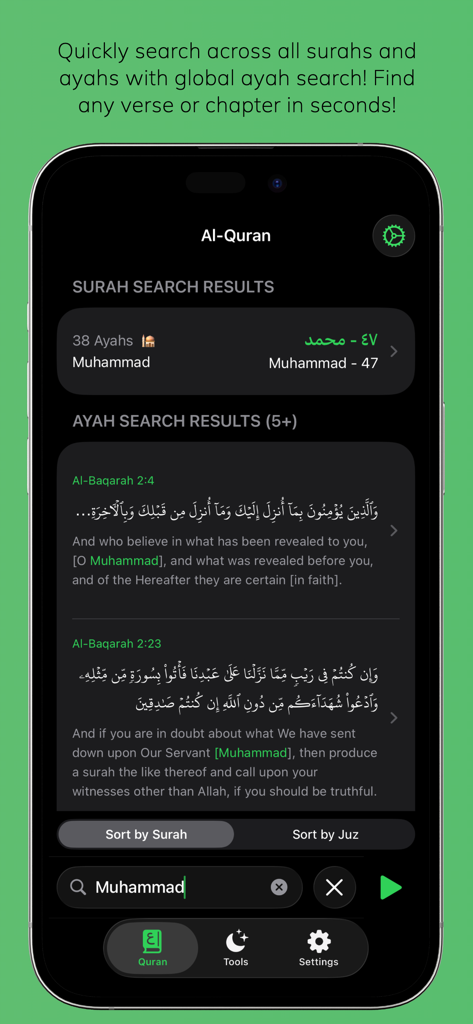 Al-Quran | Beginner Quran - Search screen of the Al-Quran app showing results for a keyword search across Surahs and Ayahs with a clean dark mode interface