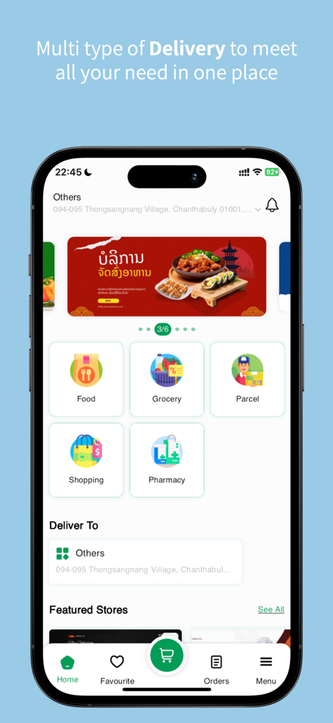 Bento Delivery Service - Bento Delivery Service app interface showing options for food grocery parcel shopping and pharmacy