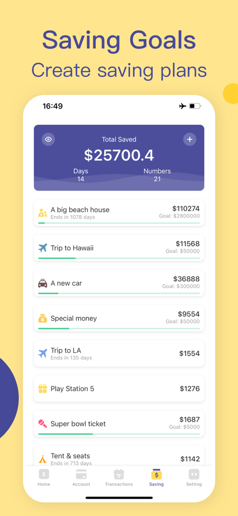 Budget app interface showing personalized saving goals and progress tracking for a beach house and travel.