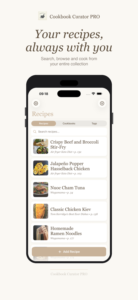 Cookbook Curator PRO - Digital recipe collection screen in Cookbook Curator PRO app