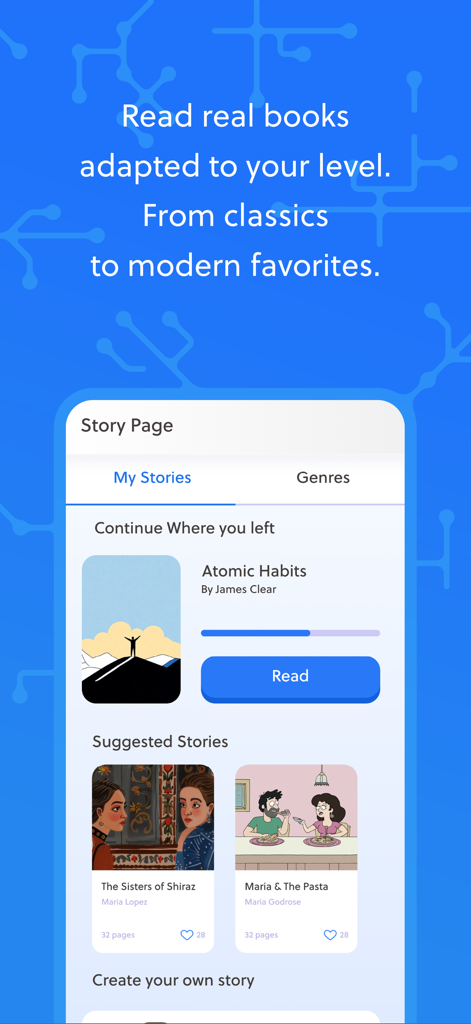 Infercia - Inferciaアプリのインターフェース。学習者向けの段階別英語ストーリーと書籍のセレクションが表示されています。