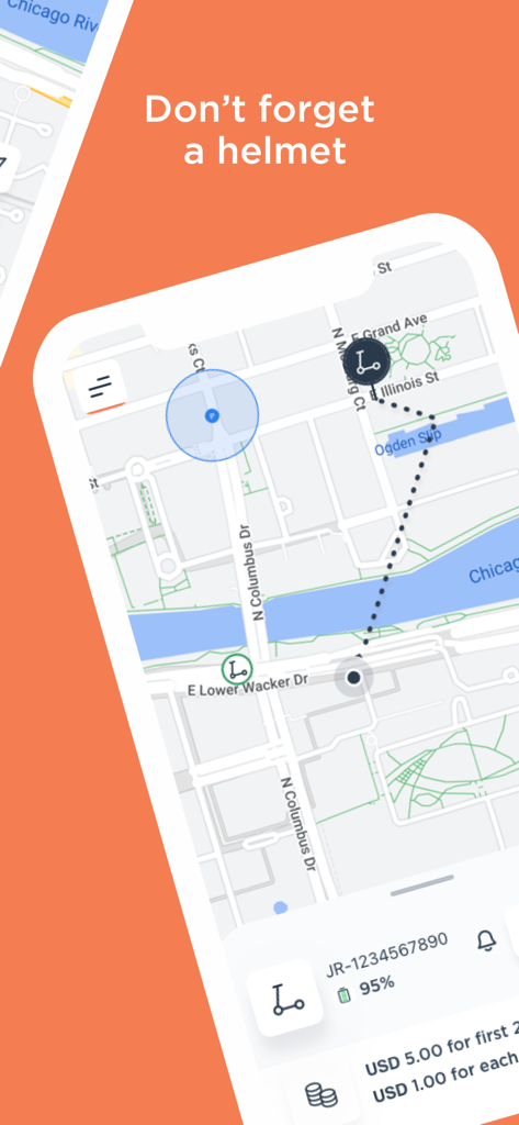 Ridy: Ride Around Town - Ridy app interface showing a map of Chicago with scooter locations and a helmet safety reminder