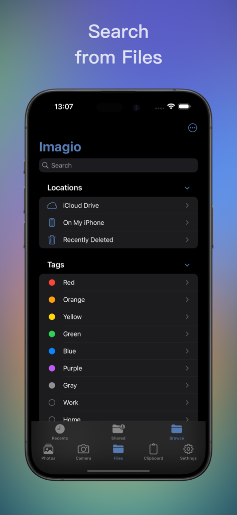 Imagio app interface showing the option to search for images using files from iCloud and local iPhone storage.