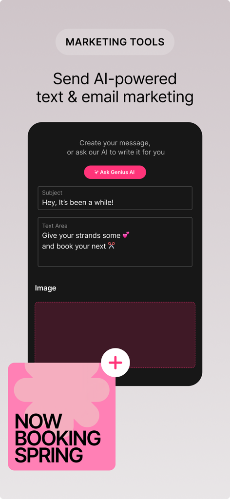 GlossGenius: Booking, Payments - 샘플 봄 예약 그래픽과 함께 AI 기반 문자 및 이메일 마케팅 메시지를 생성하는 GlossGenius 인터페이스