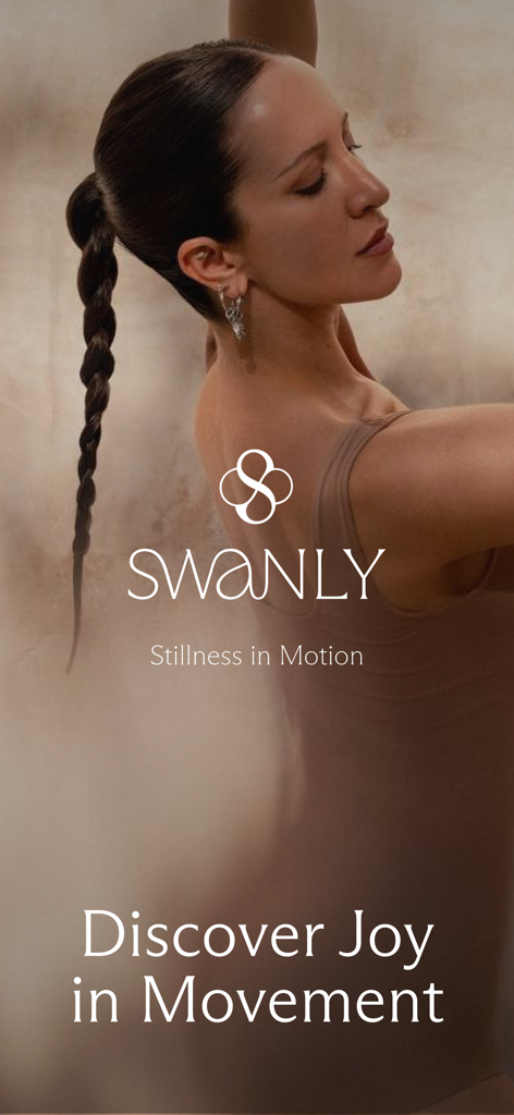 Swanly: Stretch & Mindfulness - Una mujer en una pose elegante con el logotipo de la aplicación Swanly y el texto Descubre la Alegría en el Movimiento