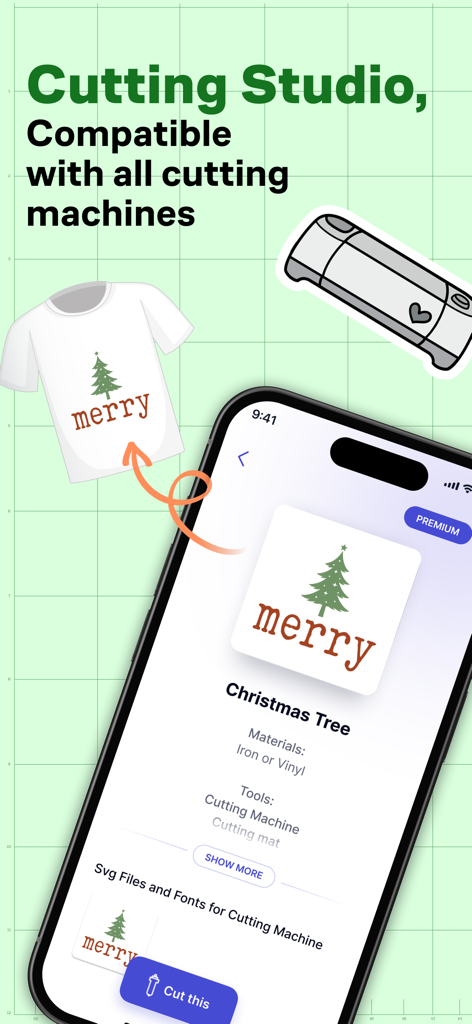 Cutting Studio - Cutting Studio app interface showing a Christmas tree design applied to a t-shirt for DIY cutting machines.
