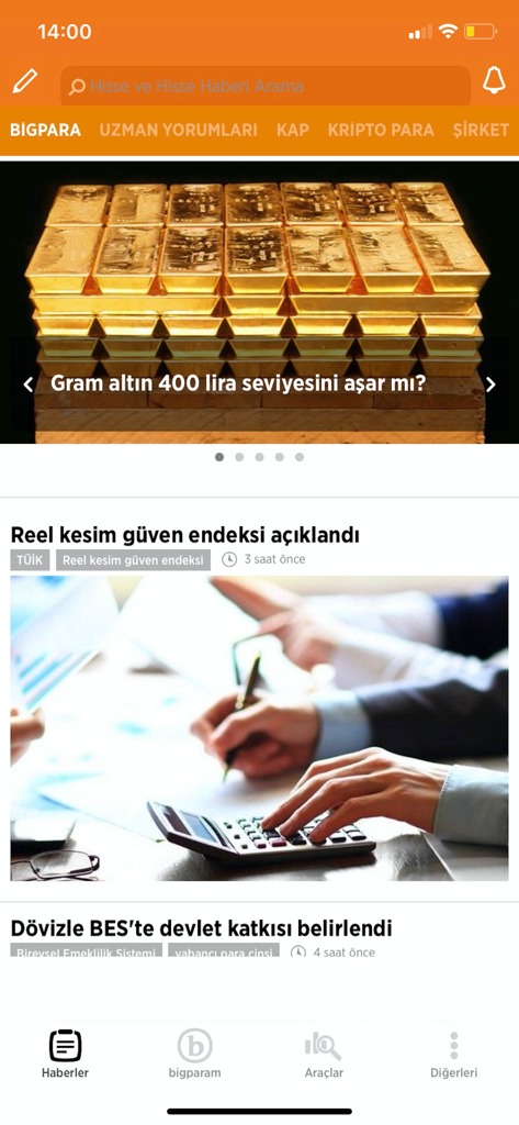 Bigpara - Borsa, Hisse, Altın - Oberfläche der mobilen App Bigpara mit türkischen Finanznachrichten über Goldpreise und Marktindizes.