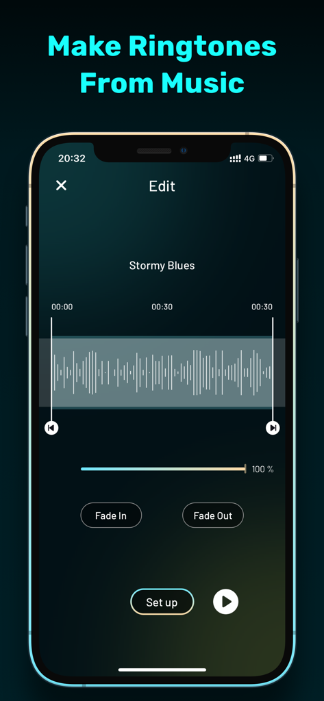 Dream Photo: AI Generator - Mobile app interface for creating custom ringtones from music showing an audio waveform with fade in and fade out options.