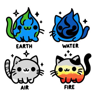 4 cats that represent the different elements, earth, water, air, and fire