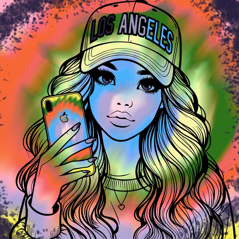 realistic beautiful girl wearing los ángeles cap holding an iphone