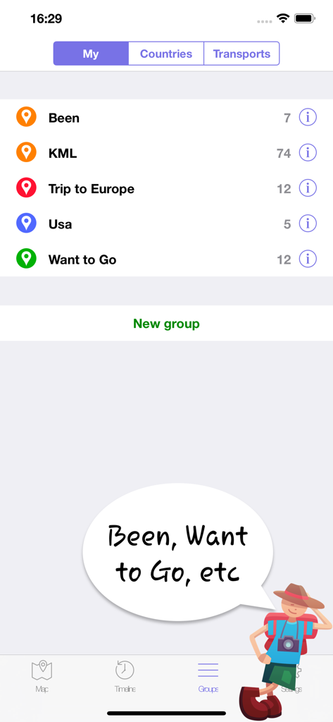 Tela do aplicativo EveryPlace mostrando grupos de destinos de viagem como 'já fui' e 'quero ir'