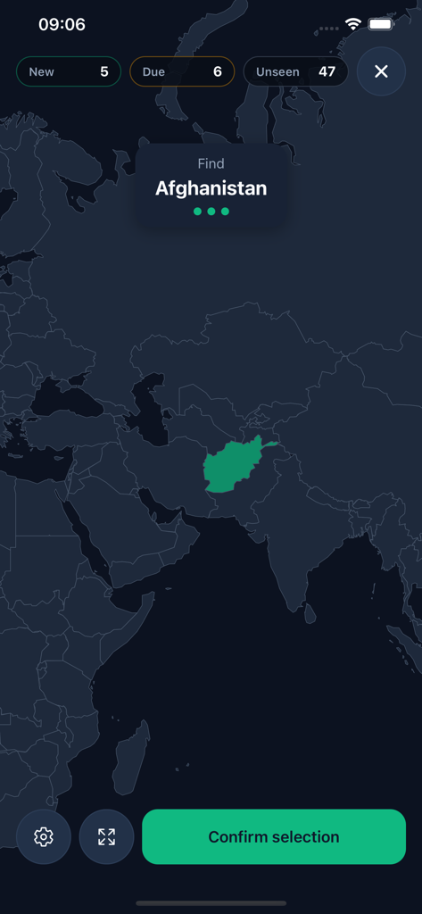 Mobile app screenshot showing a geography map challenge to find Afghanistan