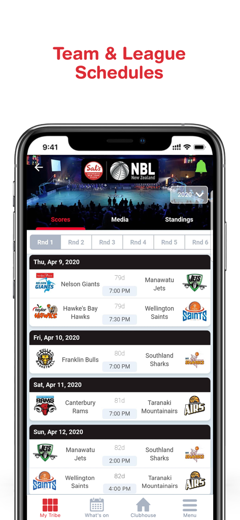 Tribe: Live Sports Scores - Écran de l'application Tribe affichant les calendriers des équipes et des ligues de basketball