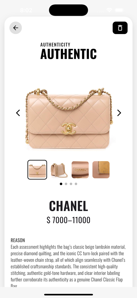 BagCheck app interface displaying an authentic result for a Chanel handbag with estimated market value and detailed reasoning