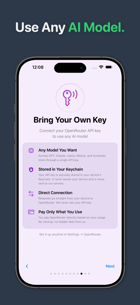 A mobile screen titled Bring Your Own Key explaining how to connect an OpenRouter API key to use any AI model within the app