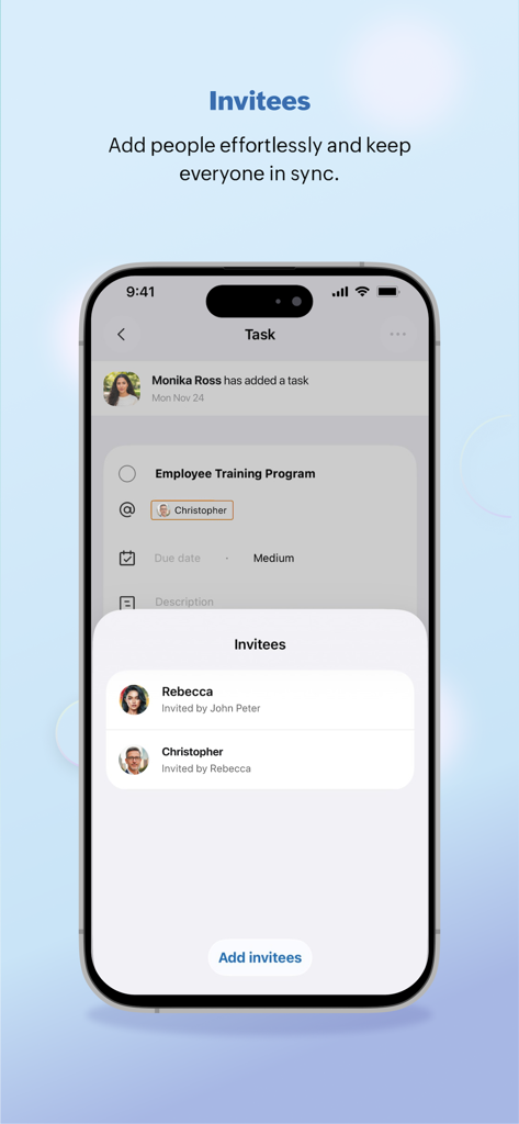 Streams - for Zoho Mail - A mobile interface showing the list of team members invited to a specific task in Zoho Streams