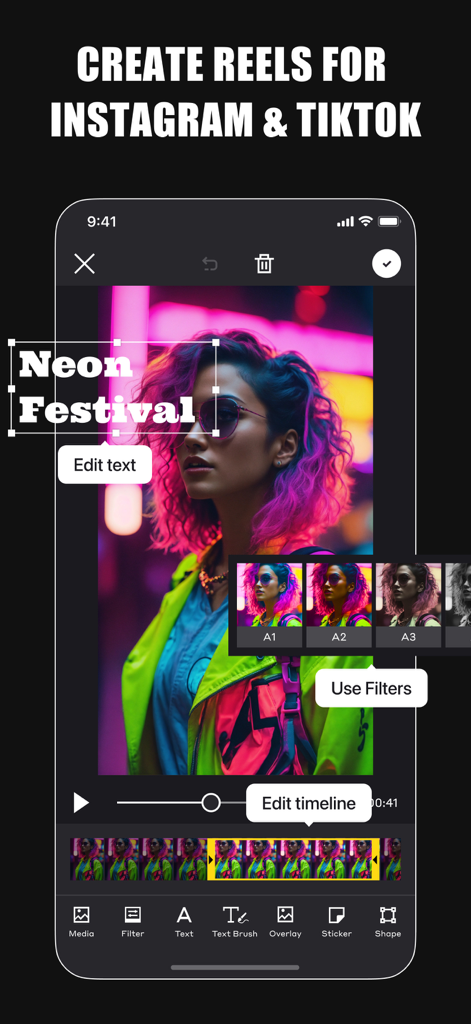 GRIDS Post maker for Instagram - Interfaz de aplicación móvil para editar videos de Instagram Reels y TikTok con filtros y herramientas de texto