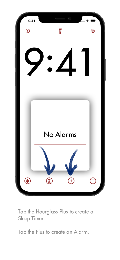 Alarum - Minimalist home screen of the Alarum app showing a blank alarm card and creation buttons