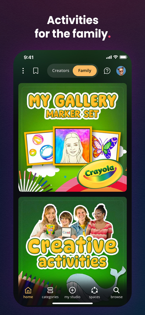 Cupixel: AR Tracing & Classes - The Cupixel app interface showing creative family art activities and Crayola branded classes.