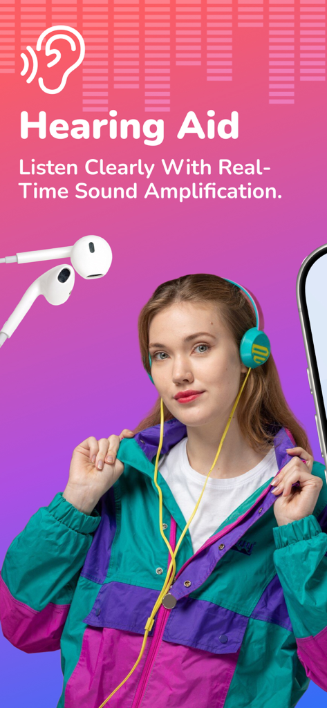 A woman wearing headphones with the text Hearing Aid and Real-Time Sound Amplification