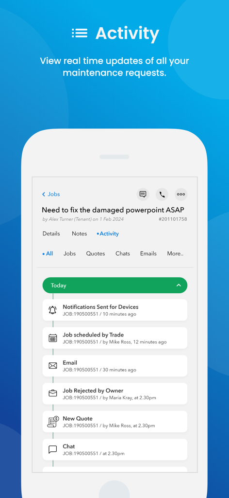 Proptech Labs Property Manager - Real time maintenance request activity timeline in the Proptech Labs Property Manager app