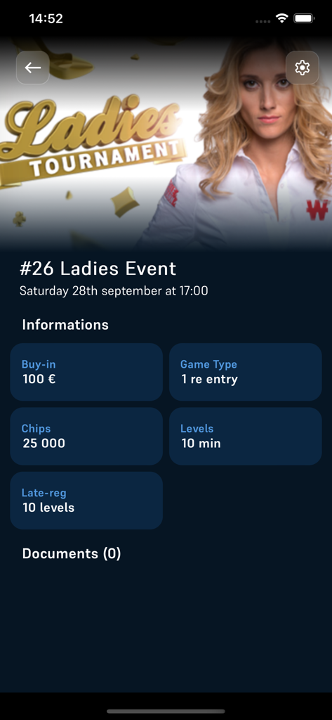 Winamax Live - Winamax Live app screen displaying tournament details for the Ladies Event including buy in and chip count