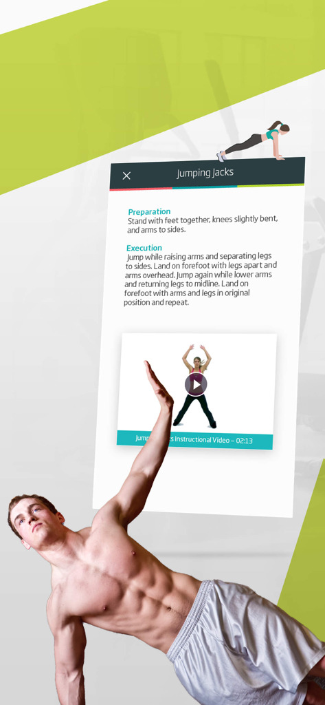 7 Minute Workout by C25K® - La interfaz de la aplicación 7 Minute Workout muestra instrucciones paso a paso y un tutorial en video para saltos de tijera.