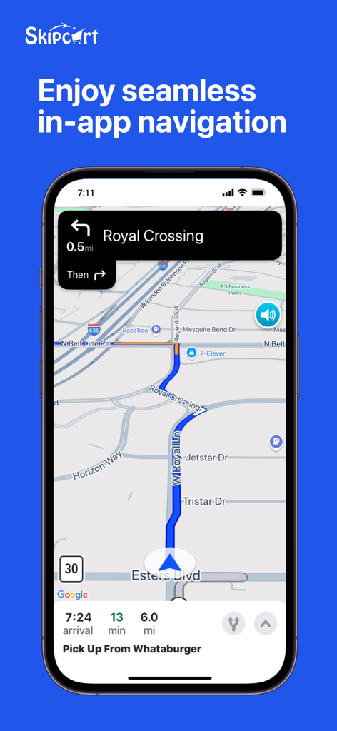 Skipcart Delivery Driver - Interfaz de la aplicación Skipcart que muestra navegación GPS integrada para una ruta de conductor de entrega