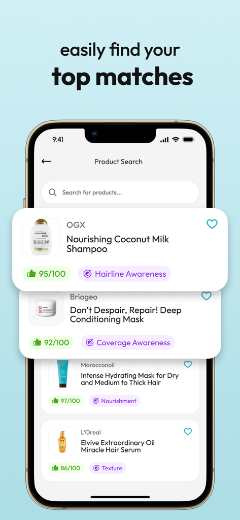 Mobile app interface displaying hair product recommendations with ratings for specific hair needs