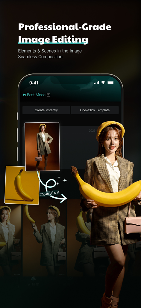 Banana Studio: Al Image Editor - Banana Studio app interface demonstrating professional AI image editing and seamless composition by combining a woman with a banana.