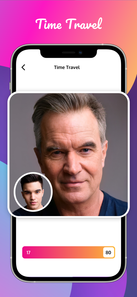 AI time travel feature showing a face aging transformation filter from young to old
