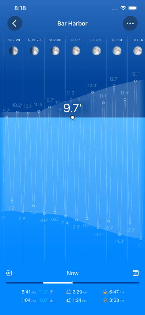 Ocean Watch - Interaktive Gezeitenkarte für Bar Harbor in der Ocean Watch App, die Wasserstände und Mondphasen anzeigt.