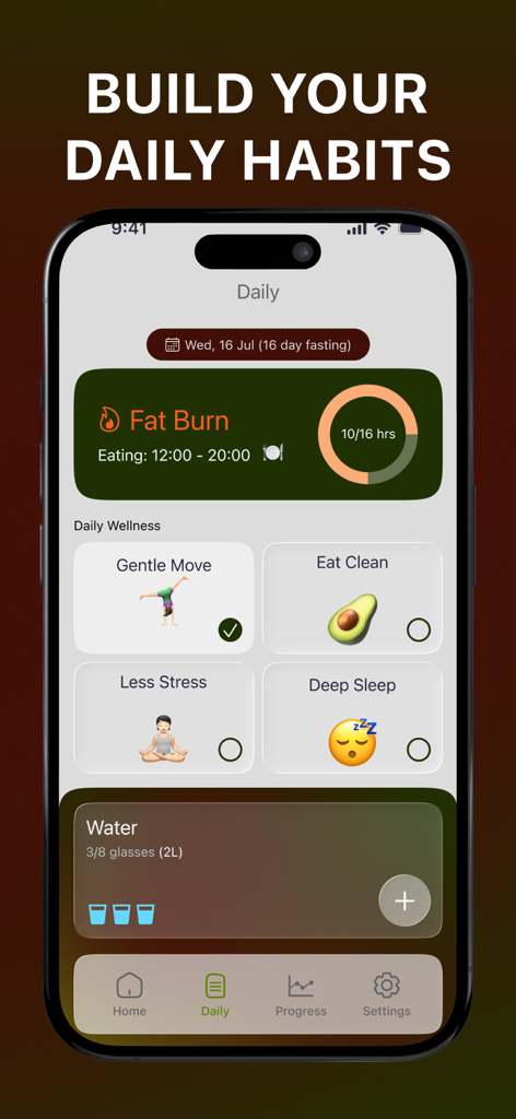 Mobile App-Oberfläche von FastCycle mit täglichem Fastenfortschritt und Wellness-Gewohnheiten