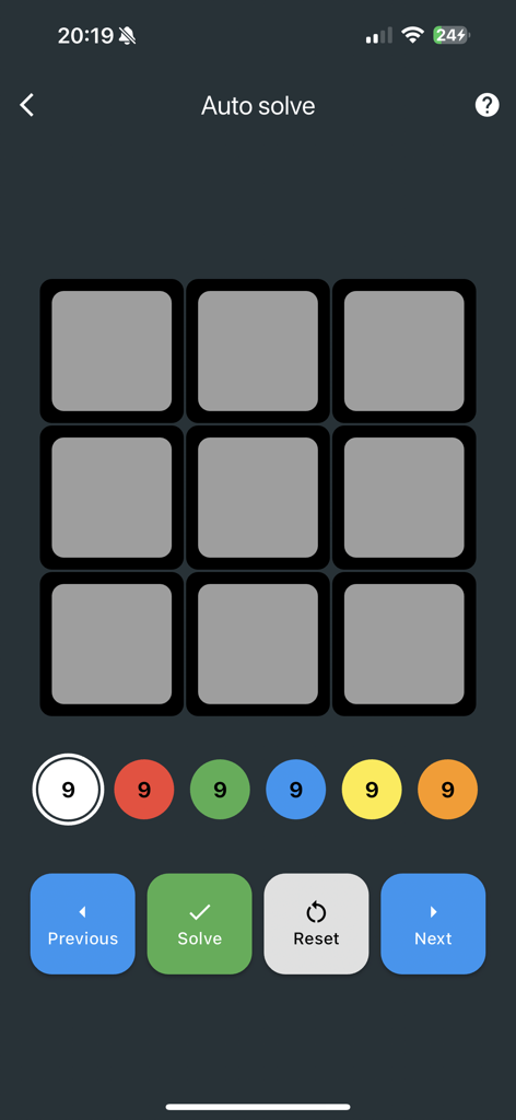 Manual color input interface for the Rubiks Cube Auto Solve feature showing a 3x3 grid and color palette.