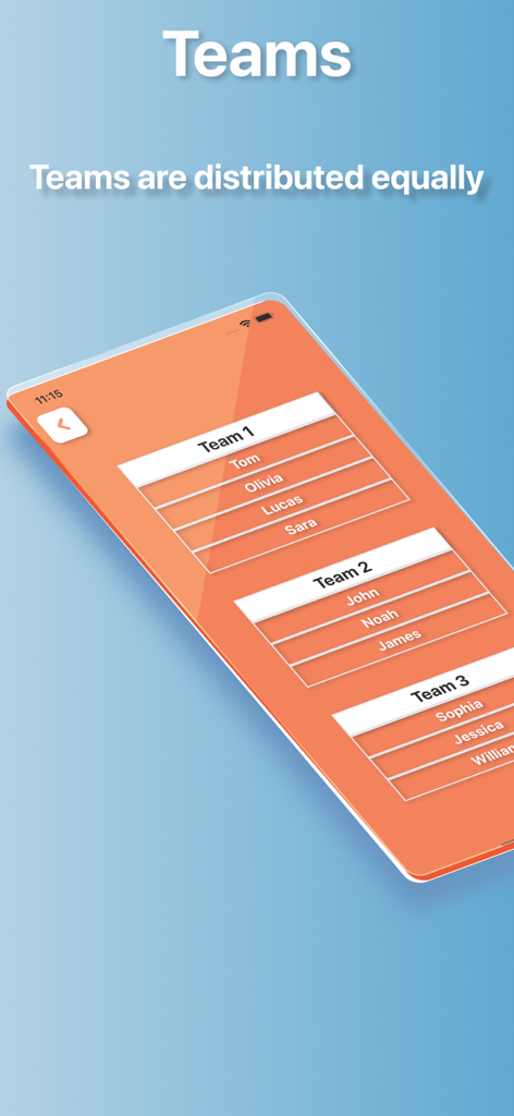 Random Generator App - 均等に名前が分散された3つのチームを示すモバイルアプリ画面