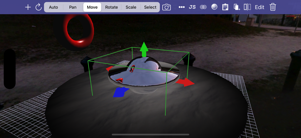Verto Studio 3D - A mobile 3D modeling interface showing a metallic object with transform handles and edit tools.