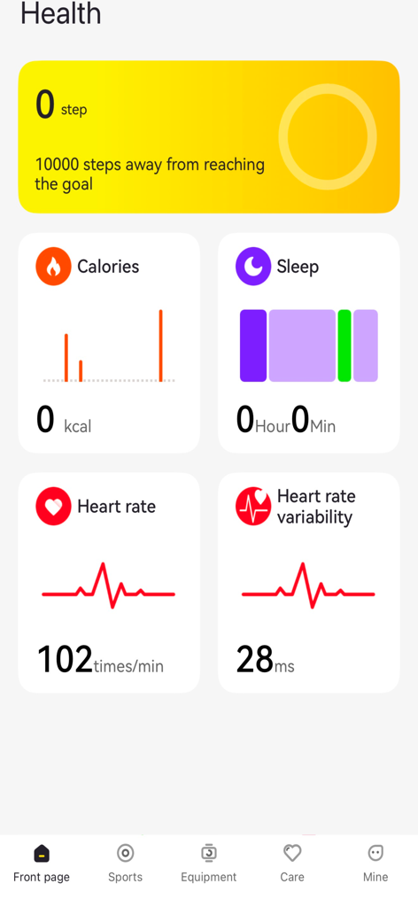 H wear Pro - H wear Pro app health dashboard displaying tracking metrics for steps calories sleep and heart rate