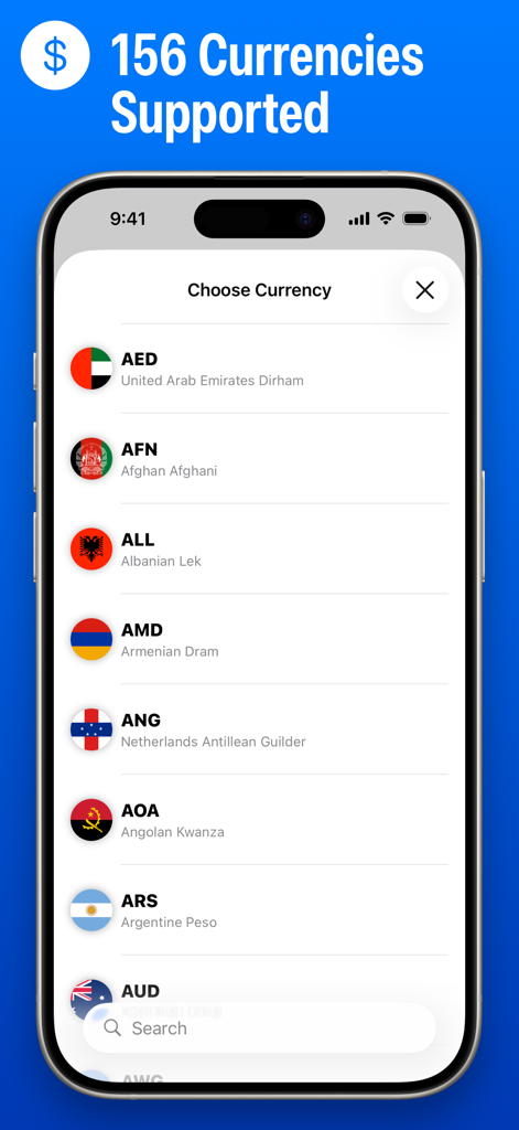 Numi app interface showing a list of 156 supported global currencies