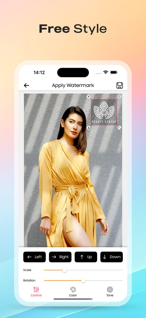 写真にカスタムロゴの配置と位置決めコントロールを示す透かしアプリのスクリーンショット