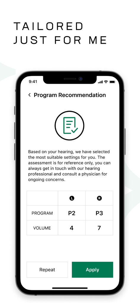 Zepp Clarity - Zepp Clarity app interface displaying a personalized hearing program recommendation with custom settings for each ear.