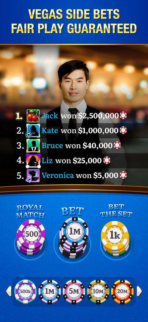 Blackjack Live ™ Casino 21 - ベガスのサイドベットとライブホストの最近の当選者リストが表示されているブラックジャックゲームインターフェース