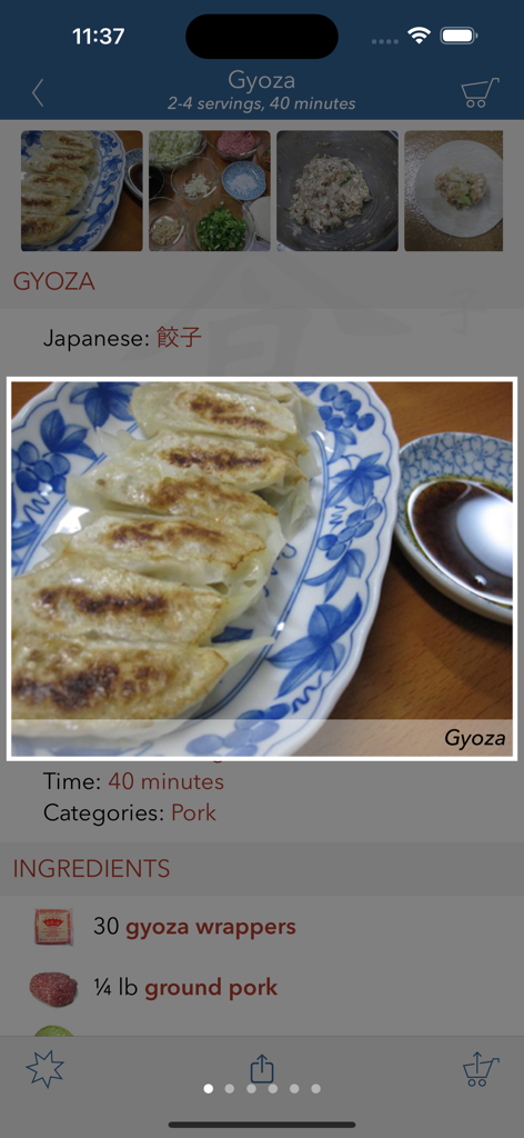 Japan Food Addict - Japanese gyoza dumpling recipe screen with ingredients and cooking photos