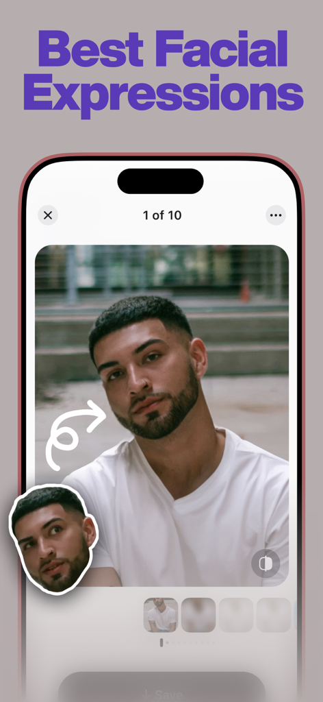 reshoot: AI Face & Hair Editor - A man's photo being edited in the Reshoot app to show a better facial expression using AI.