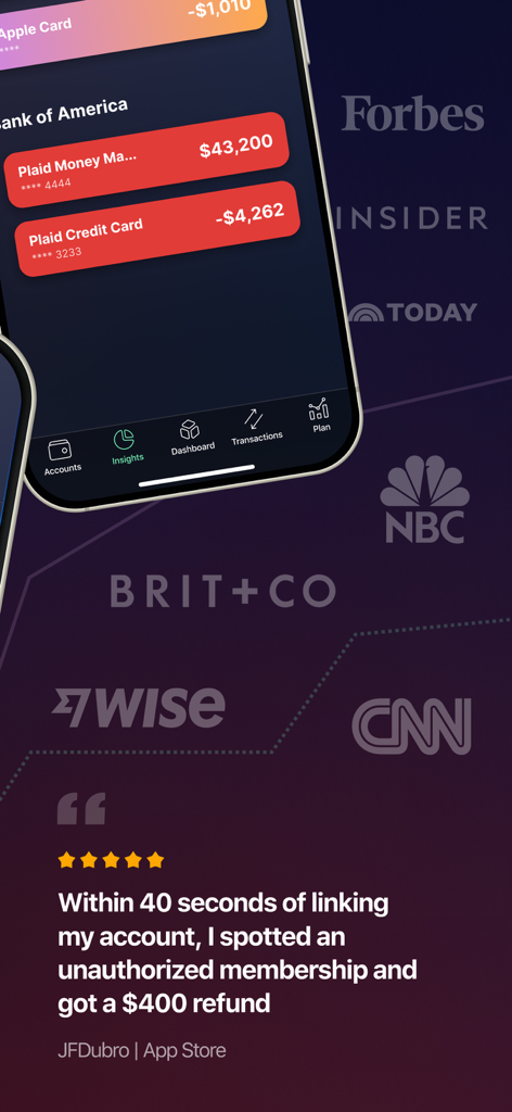 PocketGuard app interface with a user review about saving money and logos of major media outlets like Forbes and CNN