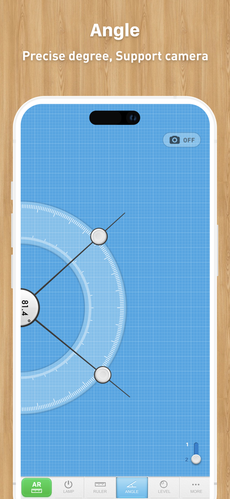 Interface de l'outil de rapporteur numérique et de mesure d'angle dans l'application MyTools.