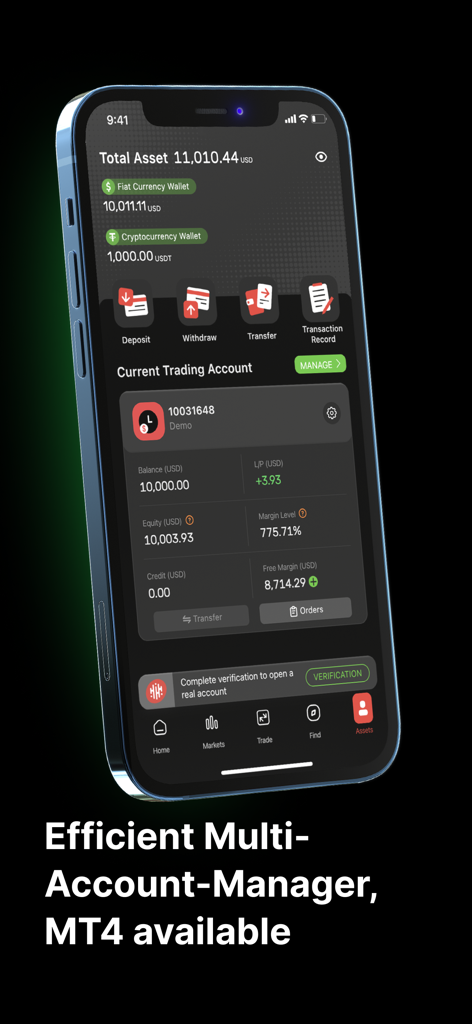 EC Markets Trading app dashboard showing multi-account management and total asset balances on a smartphone